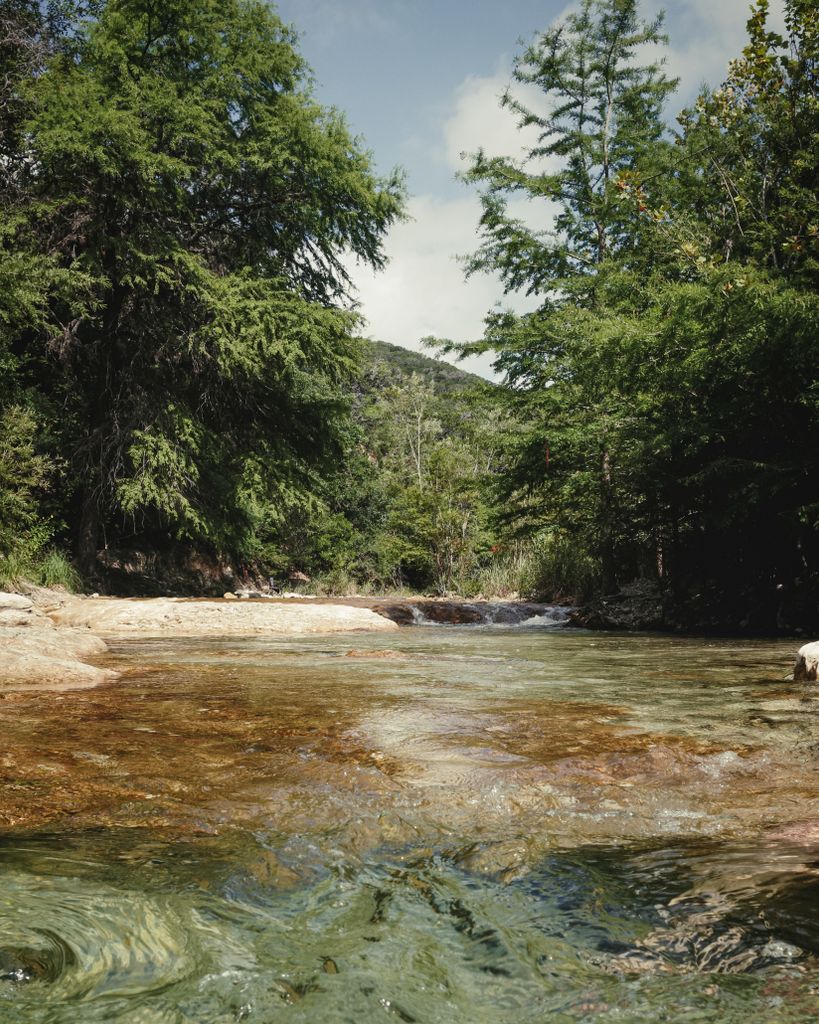 Serene view of the Frio River flowing through lush green trees in Concan, Texas.